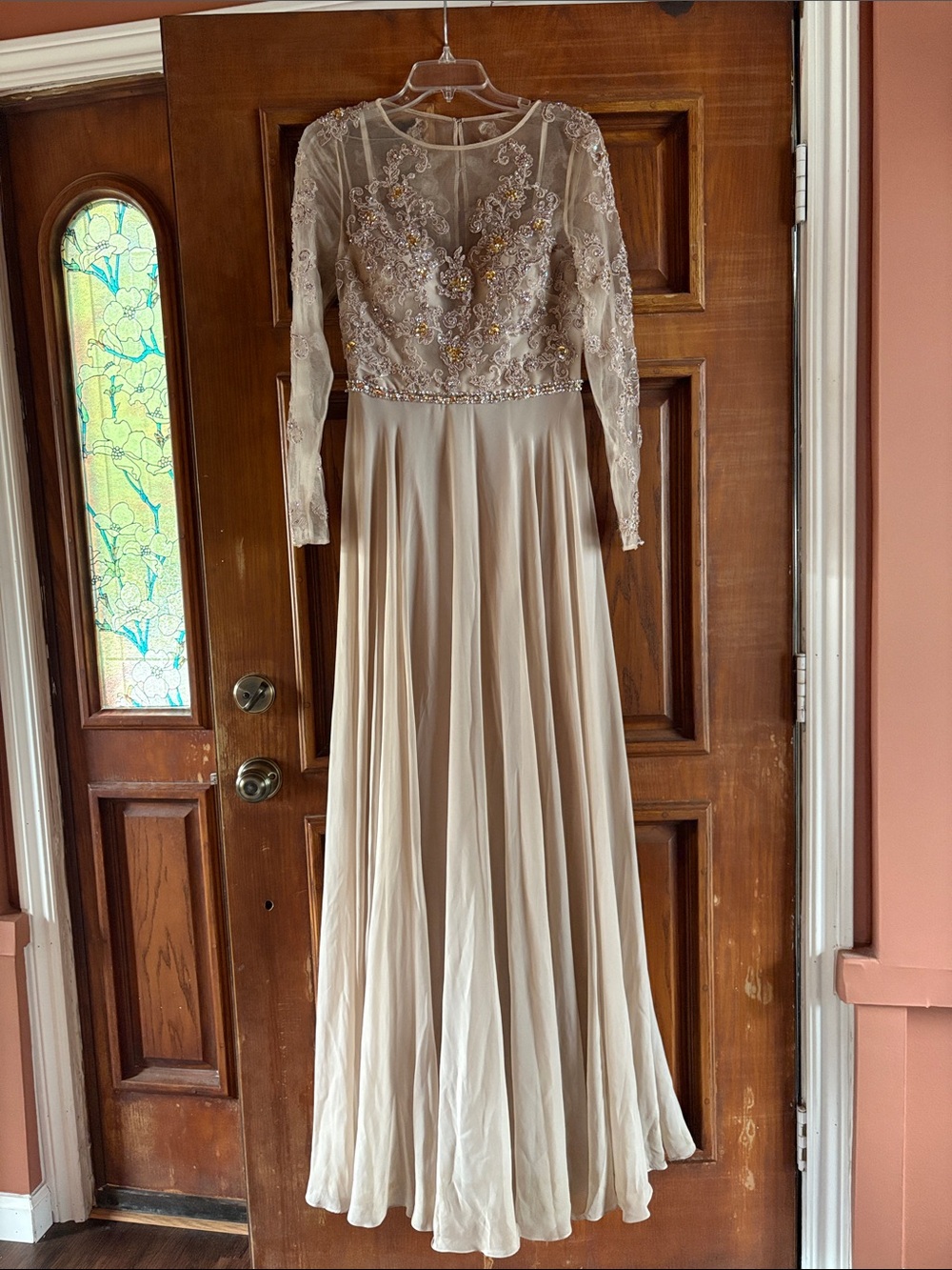 Embellished Terani Couture Long Sleeve A-Line Maxi Gown in Champagne